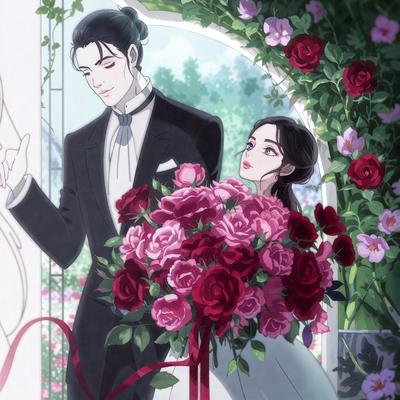 The primary subject of the image is a man and a woman standing together. The man is wearing a suit and tie, while the woman is dressed in a white dress. They are standing in front of a doorway, which serves as the setting for the scene. The visual style of the image is a combination of digital art and illustration, creating a vibrant and detailed scene. The colors and mood of the image are predominantly pink and white, giving it a romantic and elegant atmosphere.